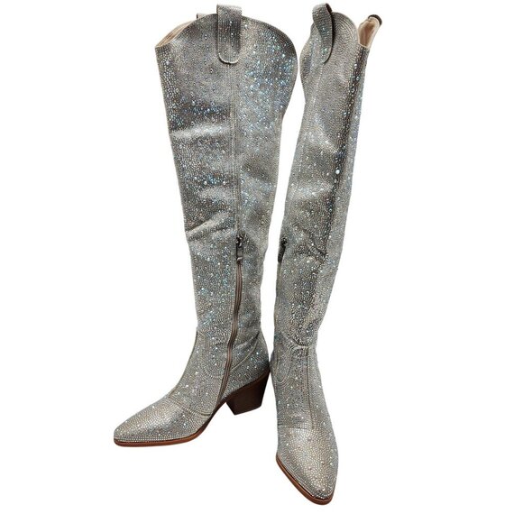 Rhinestone Embellished Silver Western Style Knee-High Boots Block Heel Size 6 - Picture 9 of 12